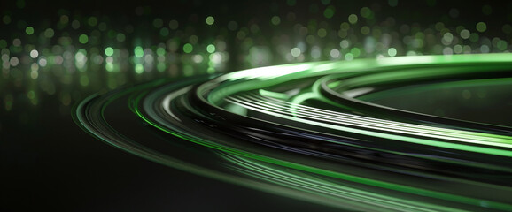 Sleek green light trails create an abstract pattern, complemented by a beautiful bokeh effect in the background