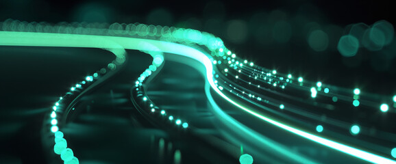 A visualization of abstract glowing green lines with a bokeh effect, gently curving and flowing on a dark background.