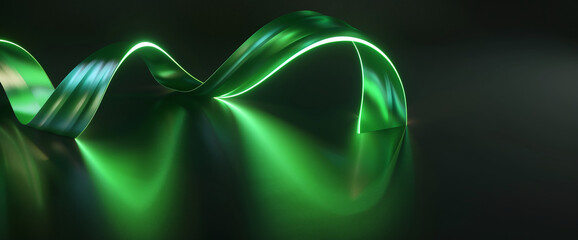 A beautifully rendered emerald green ribbon of light twists and turns, casting a soft glow on a reflective, dark glossy surface