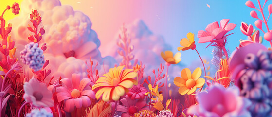 Fototapeta na wymiar Vibrant and colorful floral landscape with a variety of blooming flowers in a dreamy setting.
