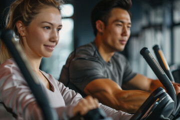 Home fitness workout featuring a sporty Caucasian woman and an Asian man training on exercise machines - obrazy, fototapety, plakaty