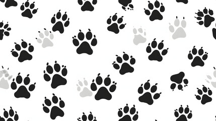 Black and white seamless pattern, Dog and Cat Paw Print, 