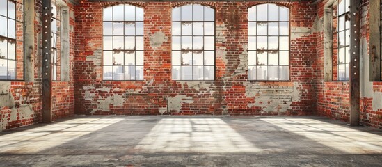 Industrial-style interior with red brick walls and large windows. Background with an industrial concept.