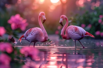 Flamingos at Sunset in a Blooming Floral Paradise - obrazy, fototapety, plakaty