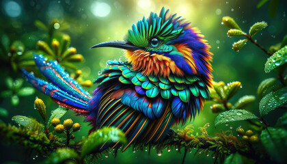 A colorful bird with a long tail is perched on a branch. The bird is surrounded by lush green foliage and he is enjoying the rain. Concept of tranquility and beauty in nature