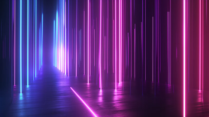 A surreal corridor bathed in vertical neon lights, casting a glow in shades of blue and pink on reflective flooring, evoking a futuristic atmosphere - obrazy, fototapety, plakaty