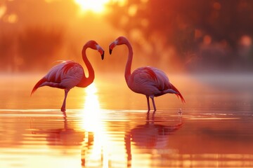 Flamingos in Love at Sunset on a Golden Lake - obrazy, fototapety, plakaty