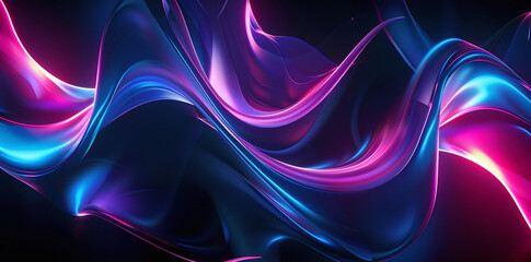 Abstract image with sleek curved lines of neon lights in blue and pink on a dark background, portraying motion and fluidity