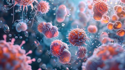 Immersive macro photography showcasing the intricate beauty of the immune response, with white blood cells launching a coordinated attack against invading bacteria - obrazy, fototapety, plakaty
