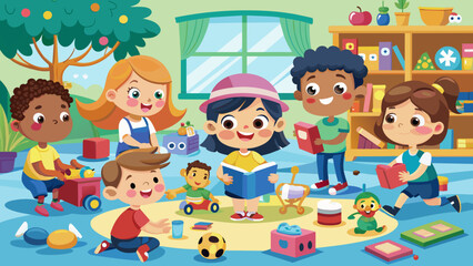 father and his kids washing car a vector illustra