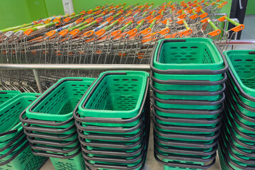 Lots of empty trolleys and shopping baskets in a supermarket