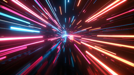 High-Speed Neon Light Streaks in Tunnel
