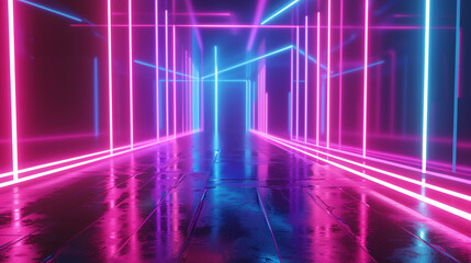 A corridor bathed in neon light, with pink and blue lines creating a vivid pathway that draws the viewer into a virtual, infinite space