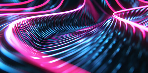 Close-up of luminous neon waves in motion, with pink and blue colors creating a dynamic abstract...