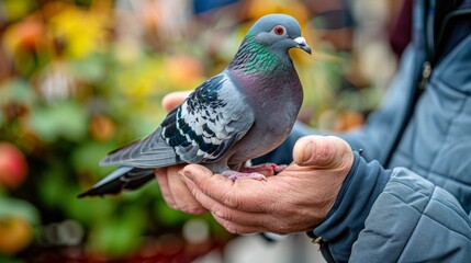 Senior man, pigeon breeder holds purebred pigeon in his hands © Nataliya