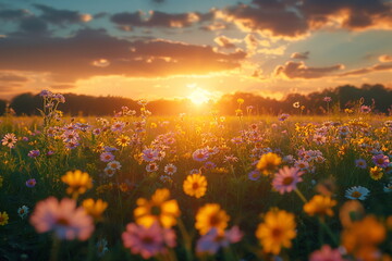 Sun Setting Over a Field of Flowers, sun Rising in the meadow