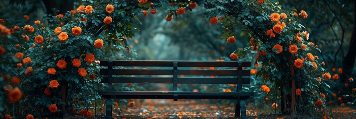 A park bench sits surrounded by vibrant orange flowers. The sun shines down, creating a peaceful and colorful oasis in the park