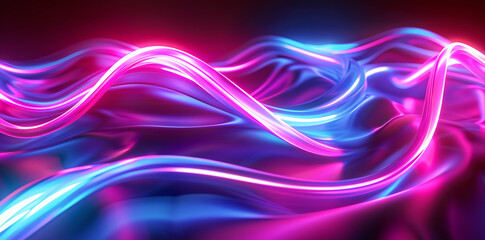 Abstract neon light waves flow in harmony, with pink and blue hues blending to create a smooth, rhythmic dance of colors