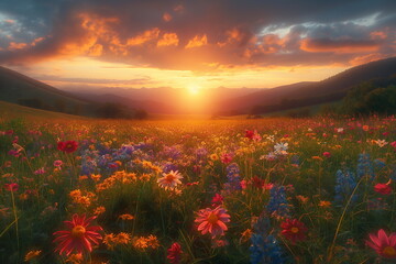 Sun Setting Over a Field of Flowers, sun Rising in the meadow - obrazy, fototapety, plakaty
