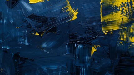 Modern artwork, rough brushstrokes, painting on canvas. Acrylic art, artistic texture. Abstract grungy background, hand painted cover, backdrop, dark blue with yellow accents