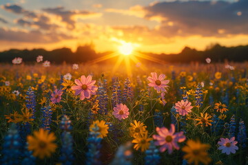 Fototapeta na wymiar Sun Setting Over a Field of Flowers, sun Rising in the meadow