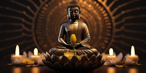 Peacefulness envelops the scene as the Buddha statue adopts a cross-legged meditation pose, embodying serenity and spiritual awakening.