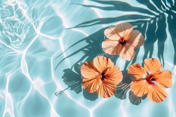 Three vibrant orange flowers gently float on the calm surface of a clear pool of water, creating a serene and mesmerizing scene