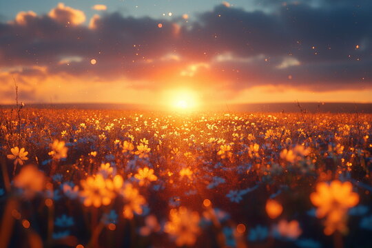 Sun Setting Over a Field of Flowers, sun Rising in the meadow