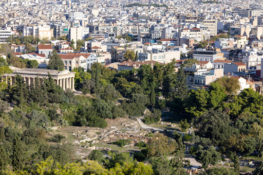 Aerial view of city with Temple of Hephaestus, Athens, Greece