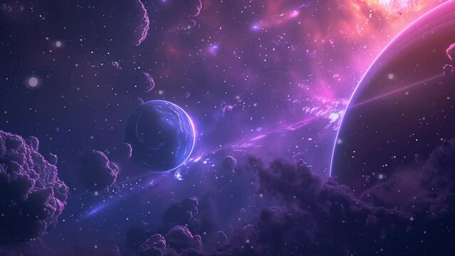 Space travel concept with planet, nebula and starry background. seamless looping 4k time-lapse animation video background