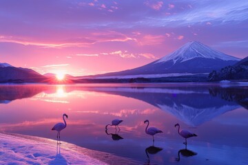 Sunrise Over Mount Fuji with Flamingos in Foreground - obrazy, fototapety, plakaty