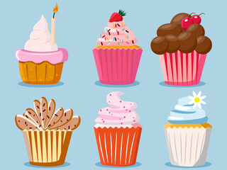 Assortment of cartoon colourful cupcakes with beautiful icing
