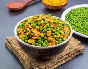 Indian Namkeen Snack Food Masala Green Peas Also Know as Spicy Green Peas, Masala Matar, Hara Matar, Masala Vatana, Spiced Fried Green Peas or Chatpata Matar Serve in Bowl - obrazy, fototapety, plakaty