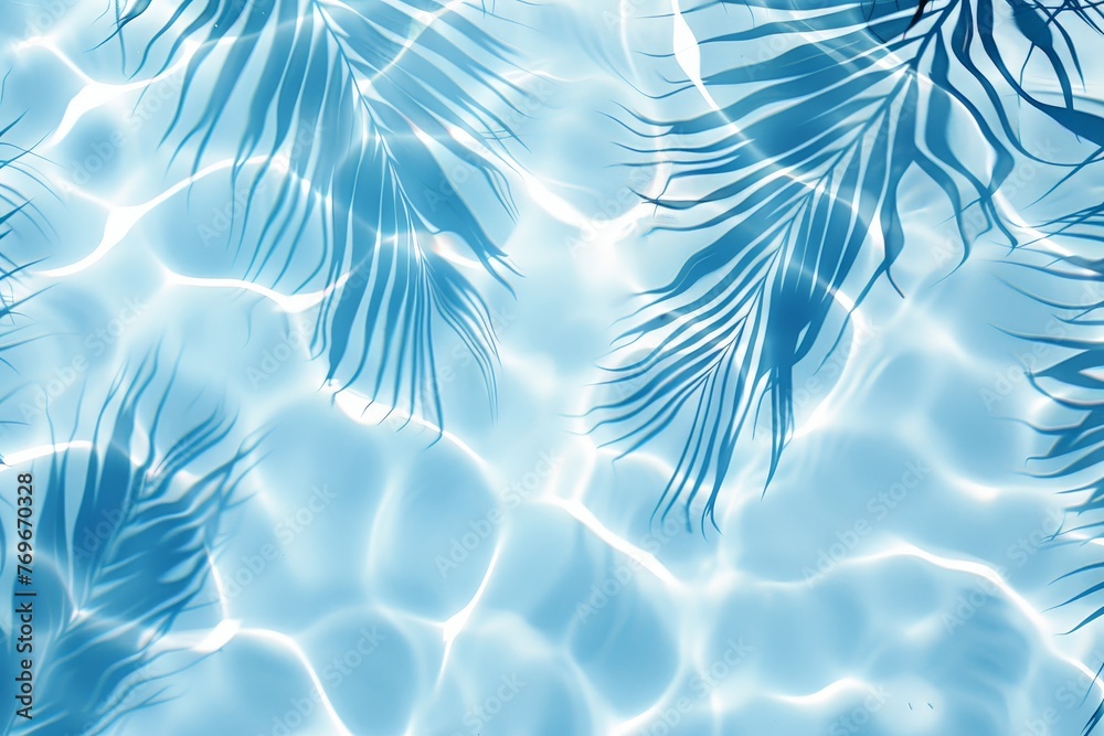 Poster crystal clear water ripples gently in a pool surrounded by lush palm leaves, creating a tranquil oas