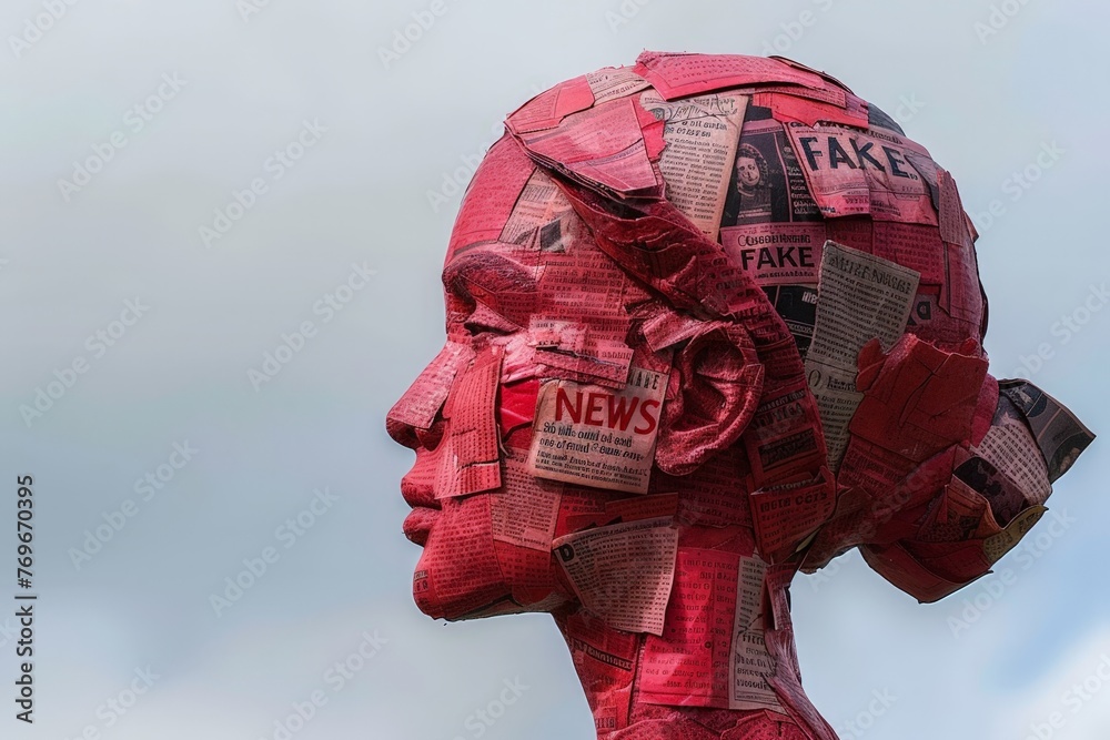 Poster A vibrant red sculpture of a person stands with a newspaper delicately perched on its head, creating a whimsical and thought-provoking scene