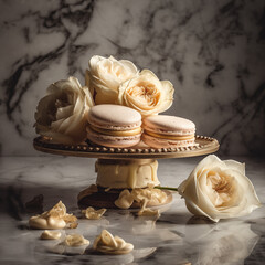 Delicate ivory macaroons and roses on a golden tray on an elegant marble background