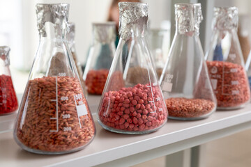Samples of  encrustied and processed grains in a glass test tubes in agrochemistry lab.