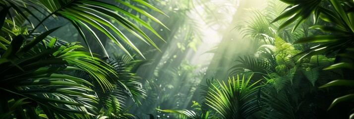 A jungle canopy texture, with layers of lush green leaves and dappled sunlight filtering through, conveying the dense and untamed wilderness created with Generative AI Technology