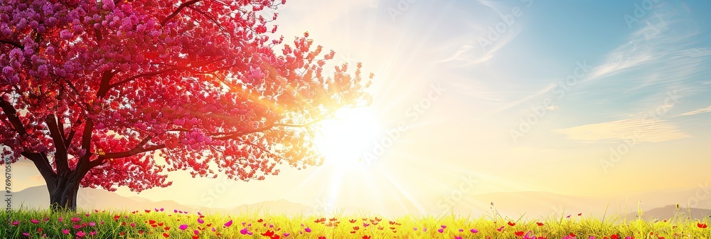 Aufkleber a majestic tree stands tall in the midst of a vibrant field of colorful flowers, creating a striking