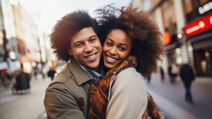 Happy African American couple hugging on the street in the city.