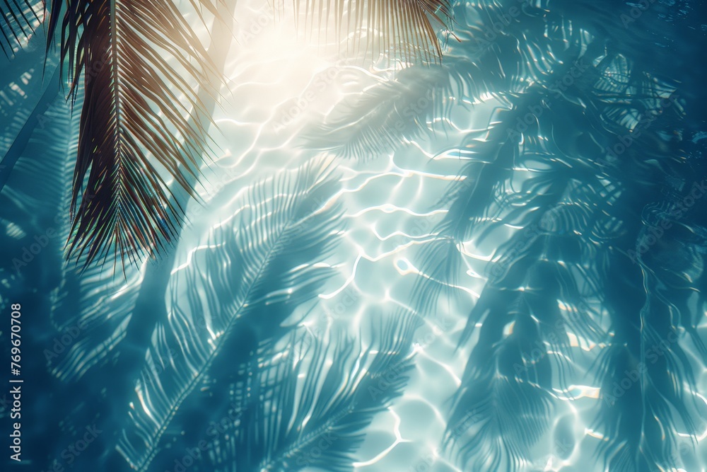 Poster A majestic palm tree gracefully bends over a shimmering pool of water, its reflection creating a mesmerizing mirage of symmetry and tranquility