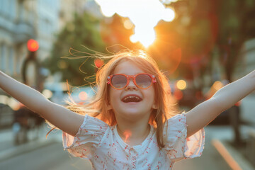 A delighted young girl engaging in outdoor play, her arms joyously thrown up, sporting sunglasses and radiating happiness on an urban road - obrazy, fototapety, plakaty