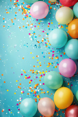 Colorful balloons and confetti on a turquoise table, top view. Background for a birthday, holiday, or party