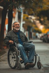 Fototapeta na wymiar an inspirational and motivational disabled happy man sitting on a wheelchair on the street road