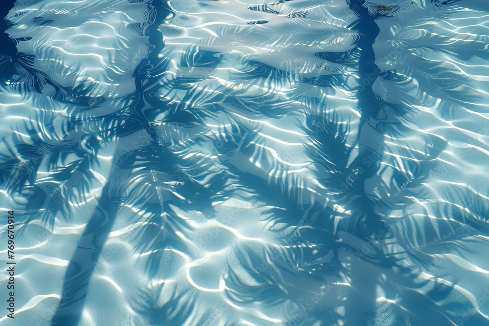 Aufkleber The graceful silhouette of a palm trees leaves is reflected on the serene surface of the water, creating a mesmerizing dance of light and shadow