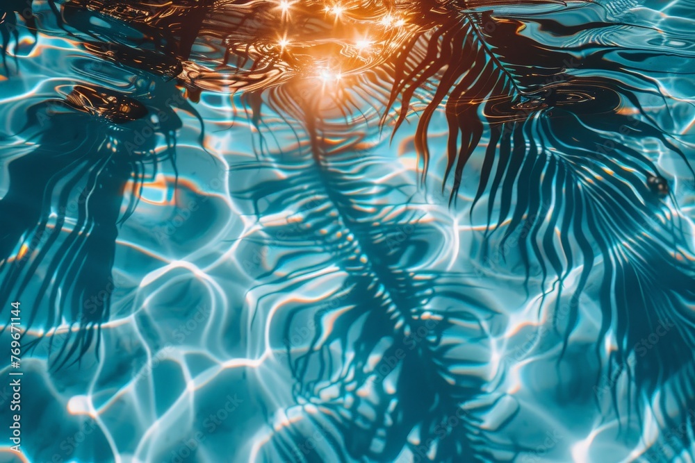 Aufkleber a vibrant palm tree sways gently in a shimmering pool of water, with its lush green leaves casting a