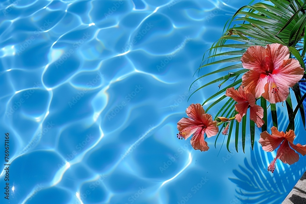 Poster a tranquil scene featuring a glistening pool under the shade of a majestic palm tree, creating a pea