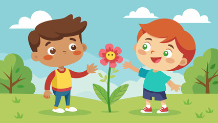 happy cute kid boy give flower to friend happy cu