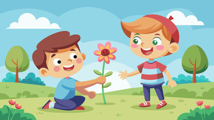 happy cute kid boy give flower to friend happy cu