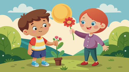 happy cute kid boy give flower to friend happy cu